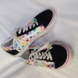 Vans KIDS Black Leather Multi-colored Checkered Canvas Sneakers Size 5.5 GUC